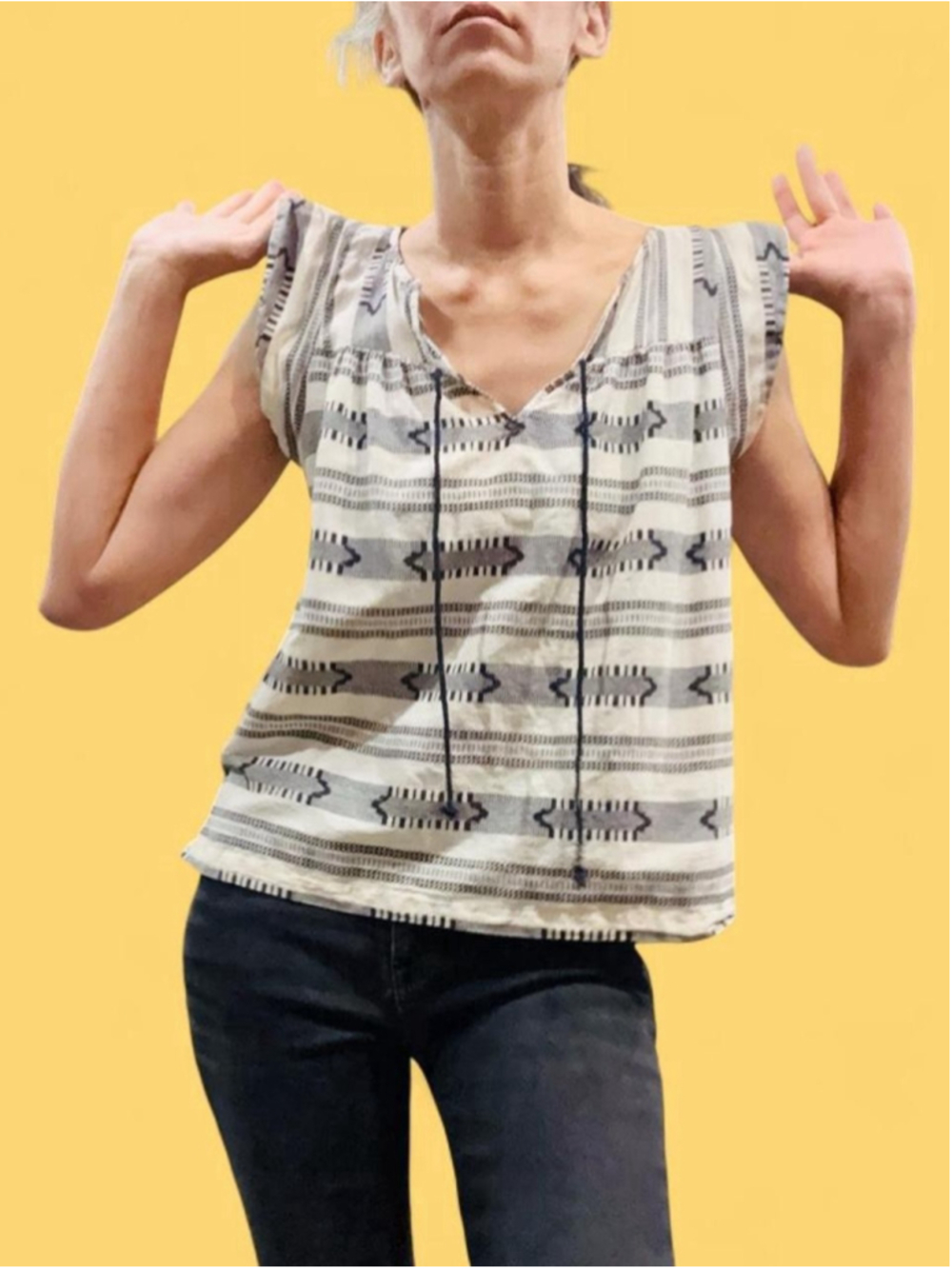 LOFT Blue & White Geometric Sleeveless Boho Blouse Cotton XXS Peasant Southwest
